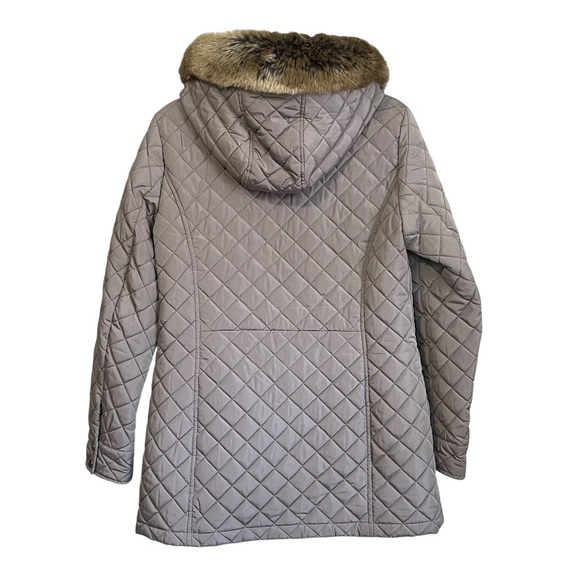 Calvin Klein Quilted Coat In Beige Tan With Faux Fur Trim Hood Size Medium - Picture 2 of 11